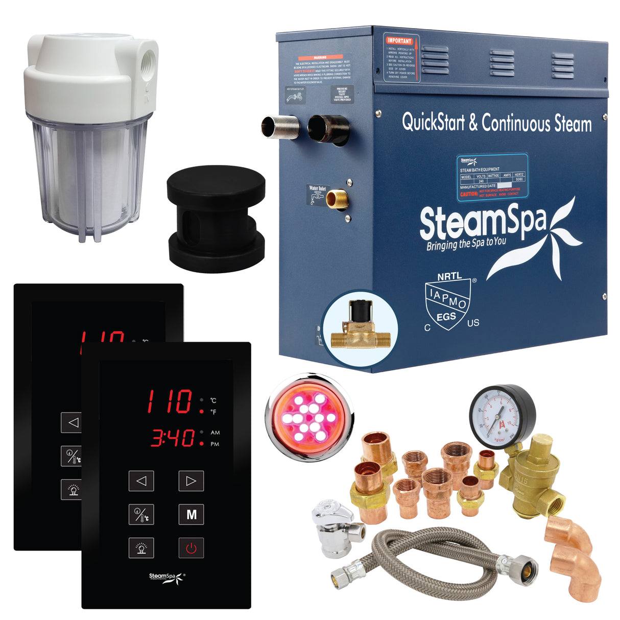 SteamSpa Executive 4.5 KW QuickStart Acu-Steam Bath Generator Package with Built-in Auto Drain and Install Kit in Matte Black | Steam Generator Kit with Dual Control Panel Steamhead 240V | EXT450MB-A EXT450MB-A