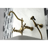 Kingston Brass KS1243AXBS Heritage Wall Mount Bridge Kitchen Faucet with Brass Spray, Antique Brass