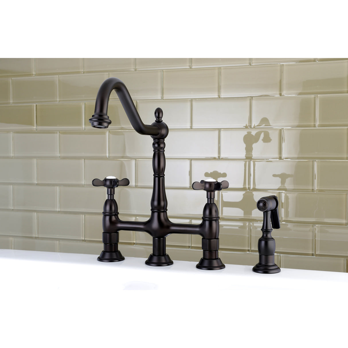 Kingston Brass KS1275BEXBS Essex Bridge Kitchen Faucet with Brass Sprayer, Oil Rubbed Bronze