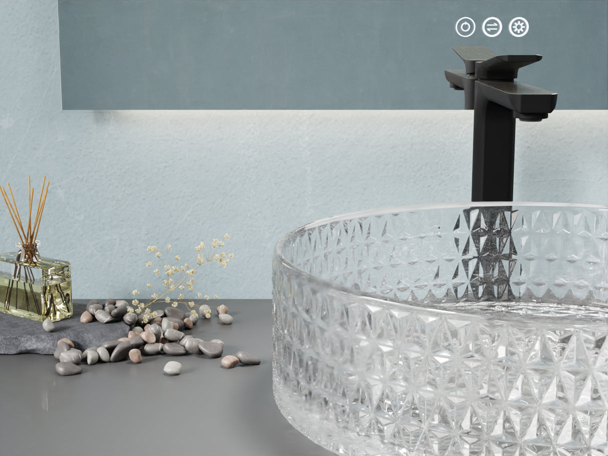 ANZZI LS-AZ908 Celeste Round Clear Glass Vessel Bathroom Sink with Faceted Pattern