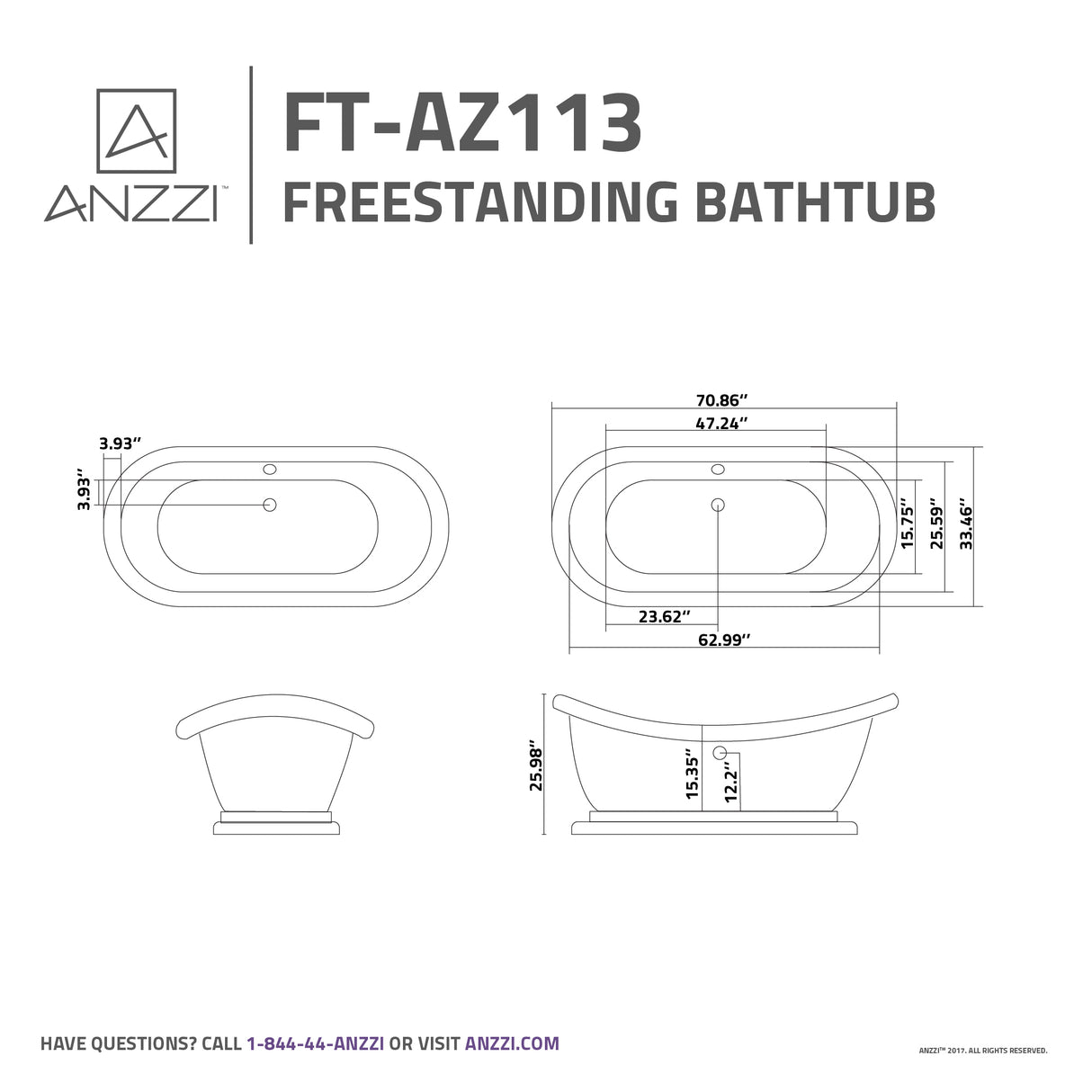ANZZI FT-AZ113 Ruby 5.9 ft. Acrylic Flatbottom Non-Whirlpool Bathtub-White