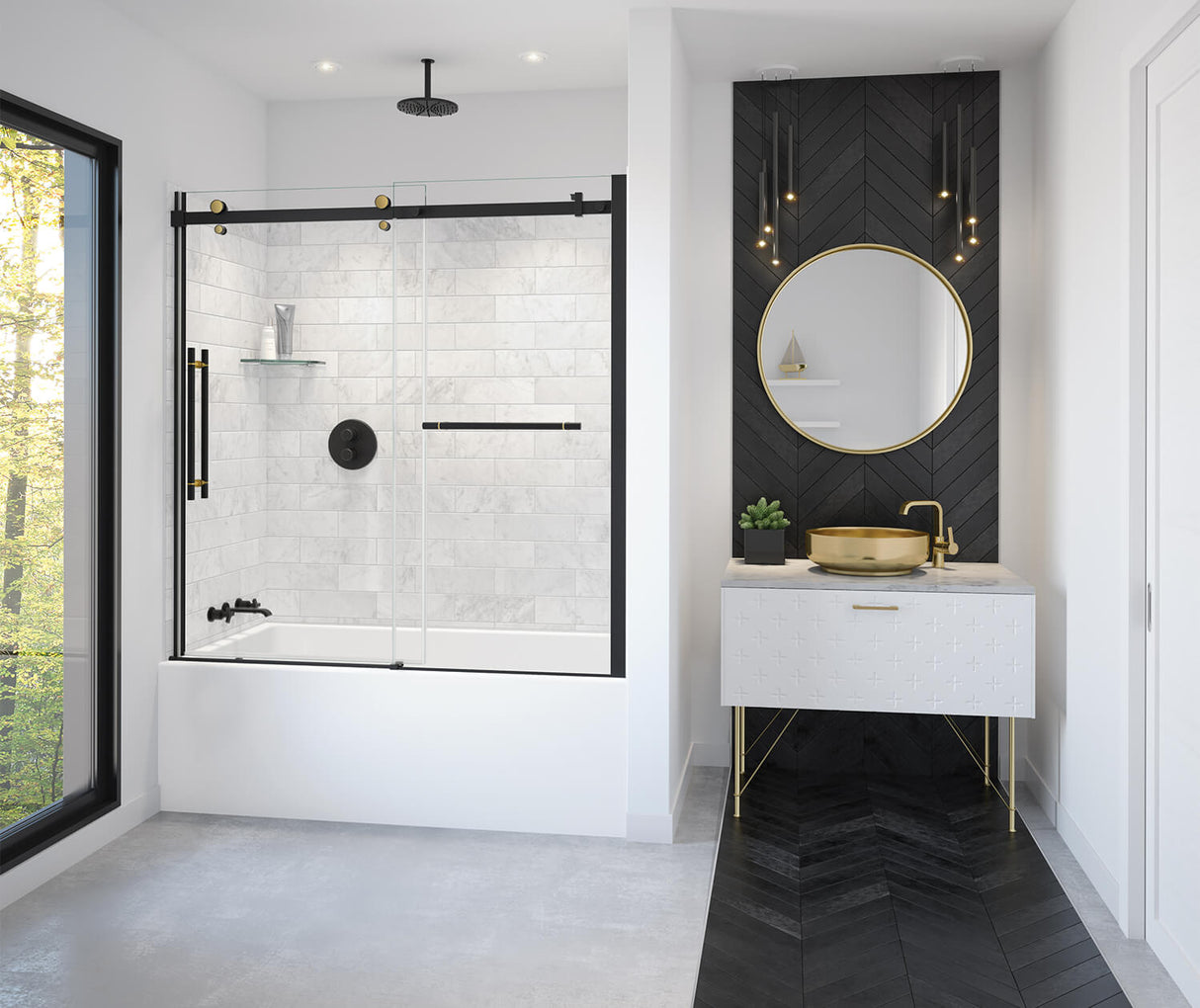 MAAX 138485-900-380-000 Vela 56 ½-59 x 59 in. 8 mm Sliding Tub Door with Towel Bar for Alcove Installation with Clear glass in Matte Black and Brushed Gold