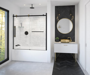 MAAX 138485-900-380-000 Vela 56 ½-59 x 59 in. 8 mm Sliding Tub Door with Towel Bar for Alcove Installation with Clear glass in Matte Black and Brushed Gold