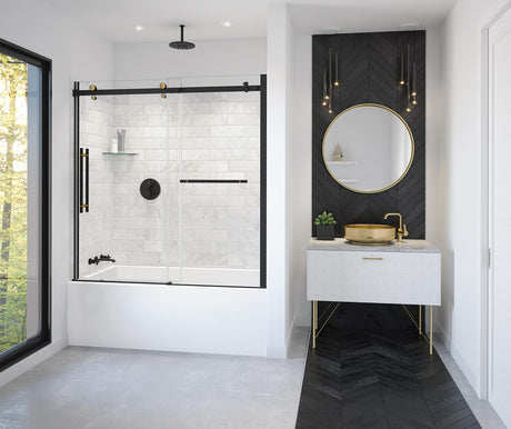 MAAX 138485-900-380-000 Vela 56 ½-59 x 59 in. 8 mm Sliding Tub Door with Towel Bar for Alcove Installation with Clear glass in Matte Black and Brushed Gold