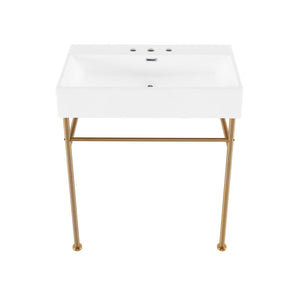 Claire 30" Console Sink White Basin Brushed Gold Legs with 8" Widespread Holes