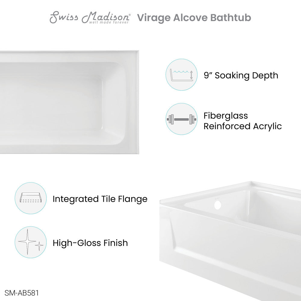 Virage 60" x 30" Right-Hand Drain Alcove Bathtub with Apron