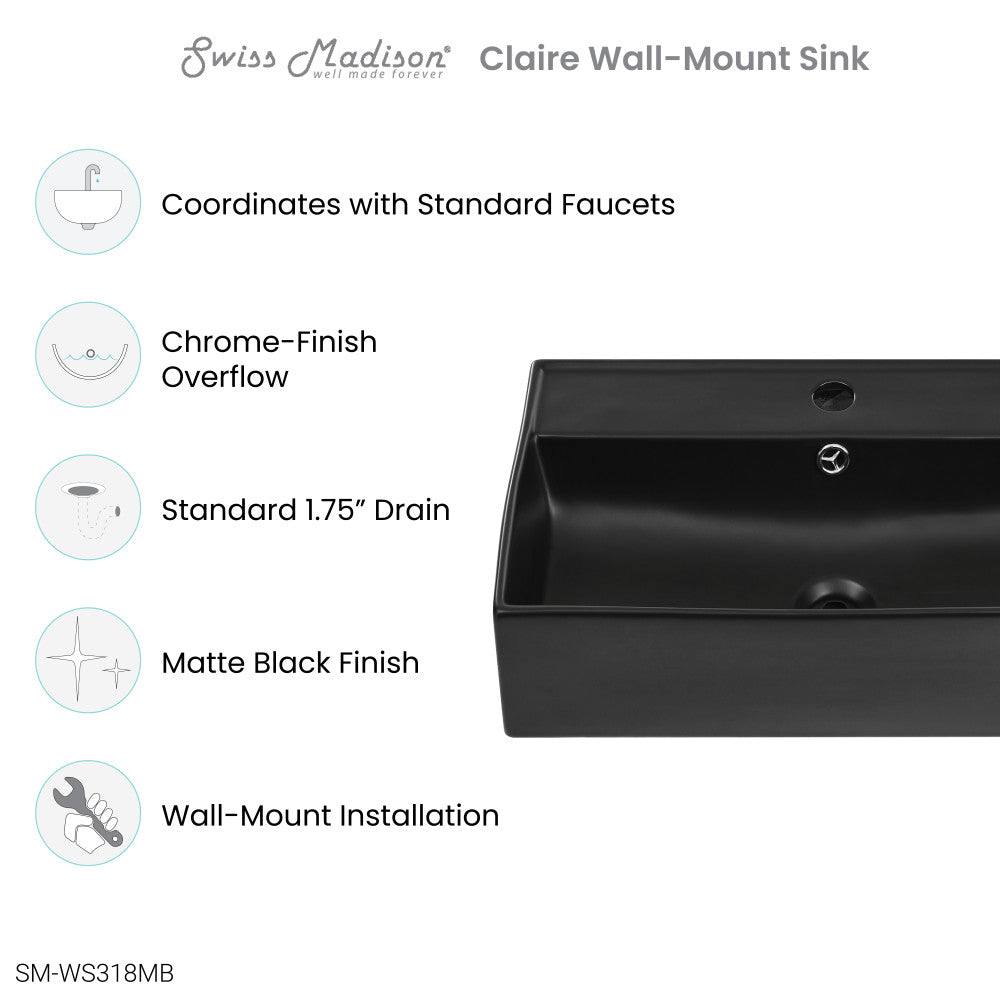 Claire 22" Rectangle Wall-Mount Bathroom Sink in Matte Black