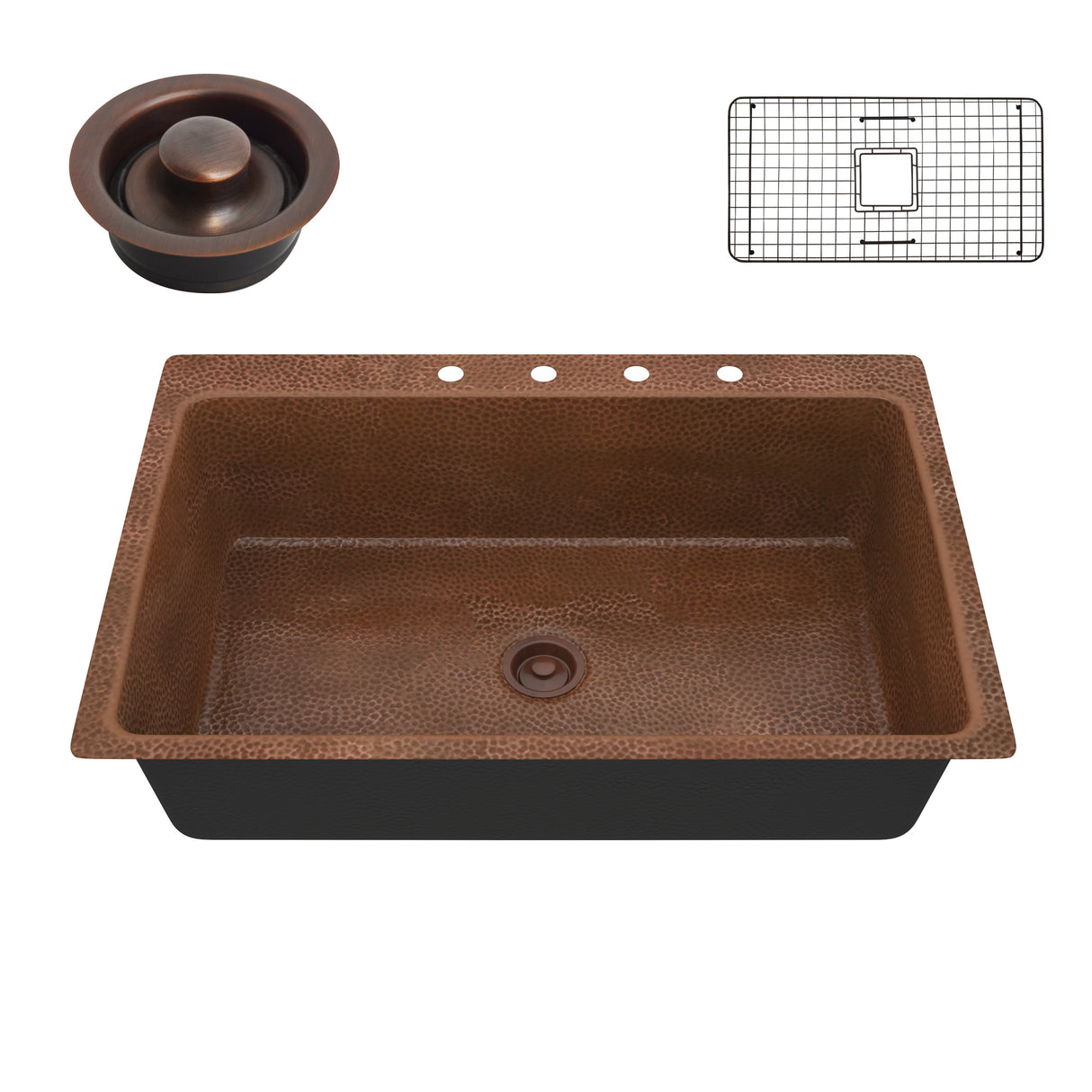 ANZZI SK-028 Lydia Drop-in Handmade Copper 33 in. 4-Hole Single Bowl Kitchen Sink in Hammered Antique Copper