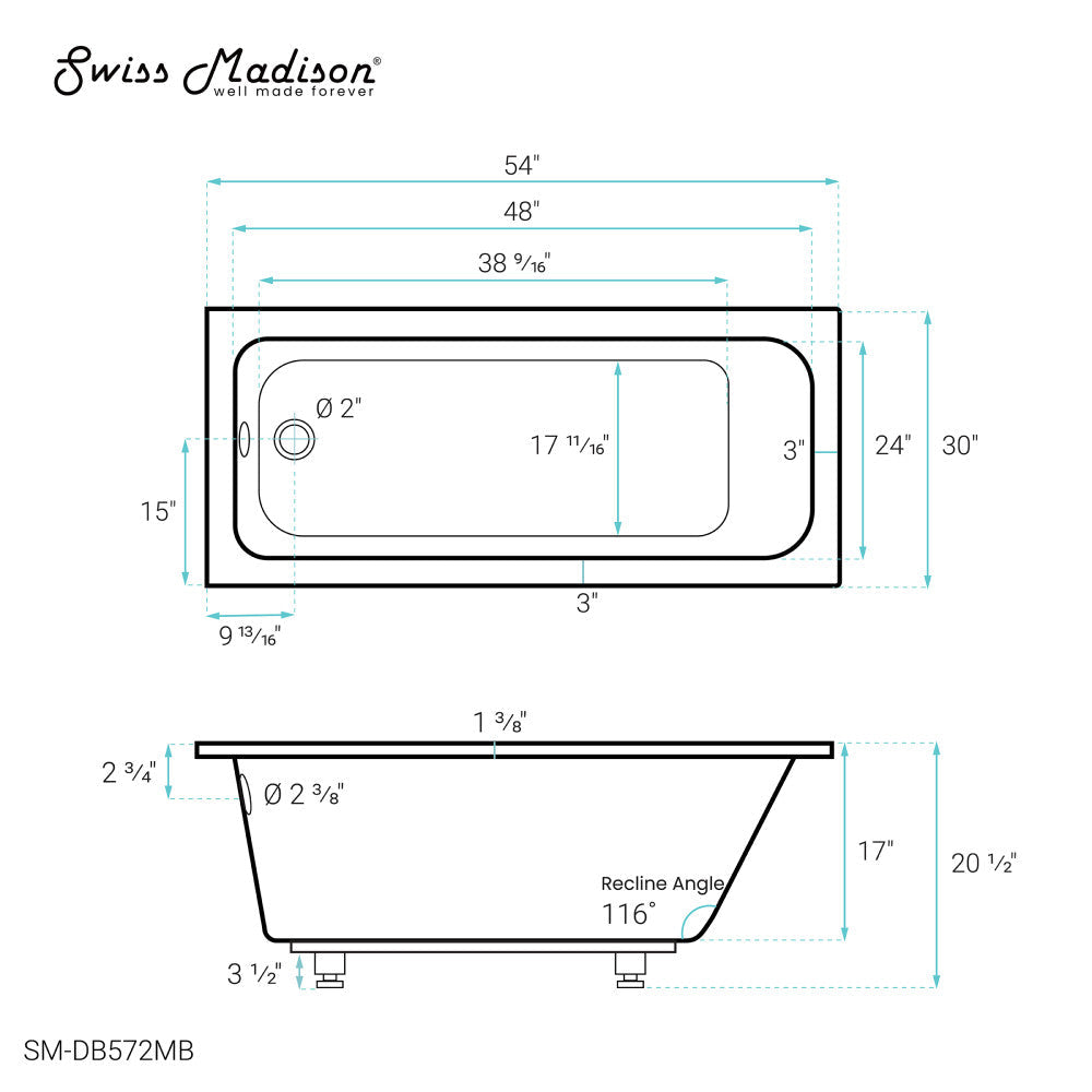 Voltaire 54"x30" Reversible Drain Drop-In Bathtub in Matte Black