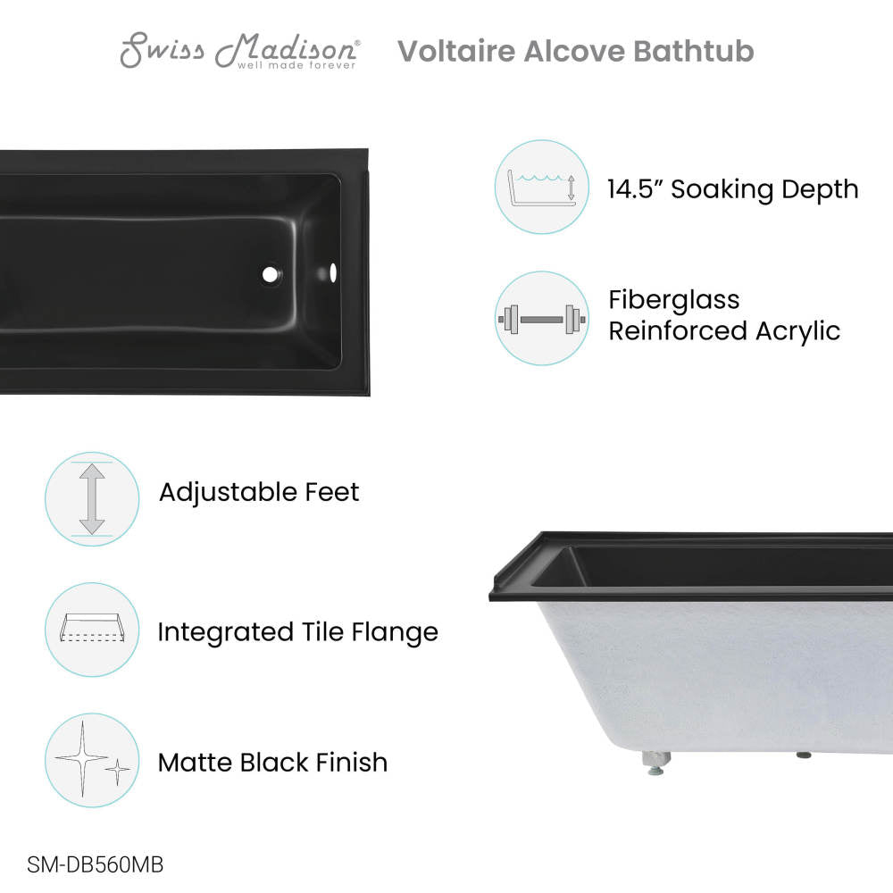 Voltaire 60" X 30" Right-Hand Drain Alcove Bathtub in Matte Black