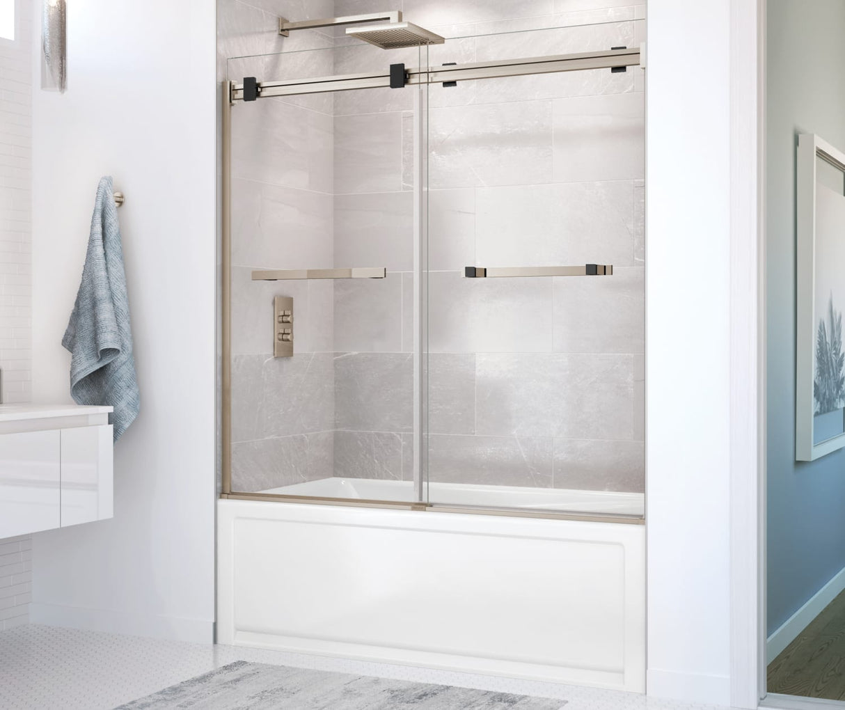 MAAX 136270-900-289-000 Duel 56-59 x 55 ½ x 59 in. 8 mm Bypass Tub Door for Alcove Installation with Clear glass in Brushed Nickel & Matte Black