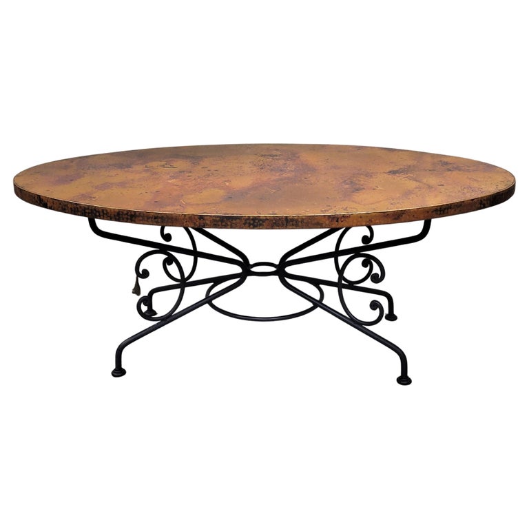 Arhaus 77" Dining Table With Hammered Copper Top and Iron Arabesque Base