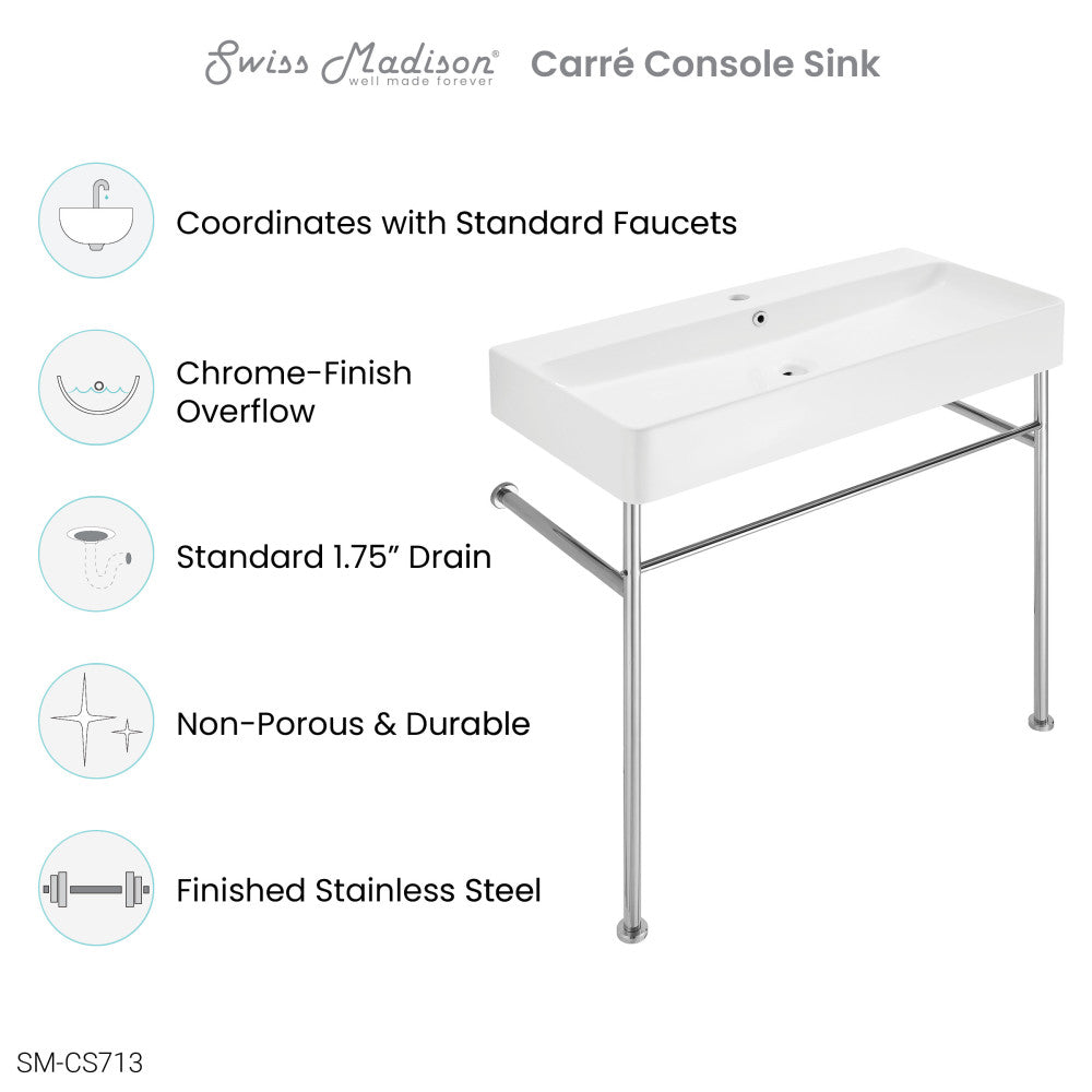 Carre 36 Ceramic Console Sink White Basin Chrome Legs