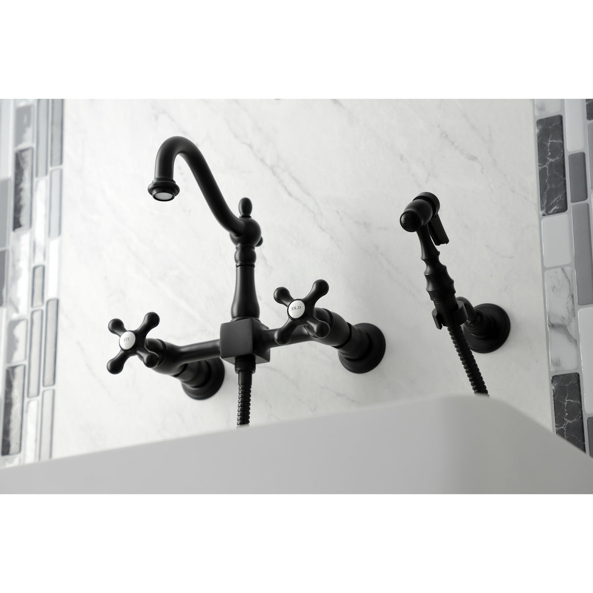 Kingston Brass KS1260AXBS Heritage Wall Mount Bridge Kitchen Faucet with Brass Sprayer, Matte Black