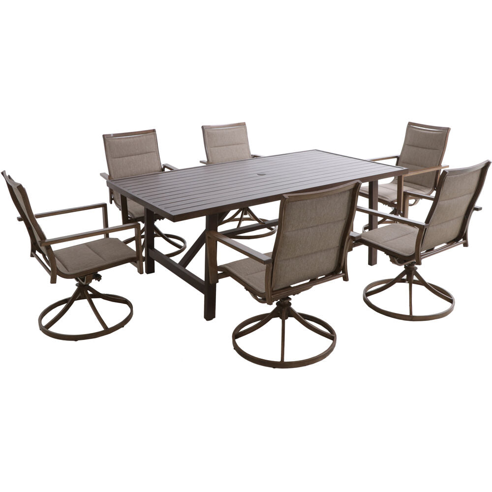 Hanover FAIRDN7PCSW6-TAN Fairhope 7pc Dining Set: 6 Swivel Chairs and 74x40 Tressle Table