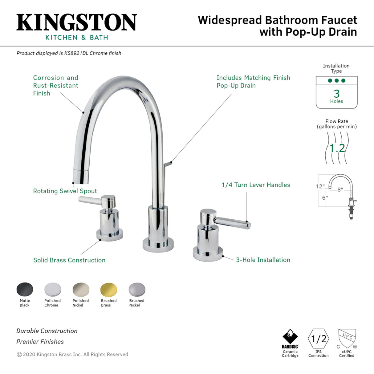 Kingston Brass KS8926DL 8 in. Widespread Bathroom Faucet, Polished Nickel