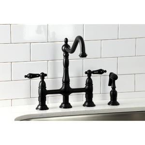 Kingston Brass KS1270PKLBS Duchess Bridge Kitchen Faucet with Brass Sprayer, Matte Black