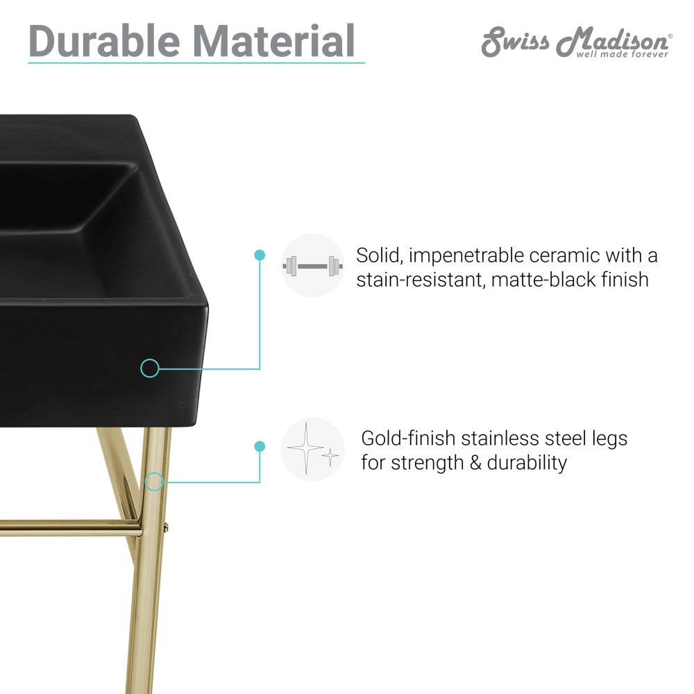 Carre 36 Ceramic Console Sink Matte Black Basin Gold Legs