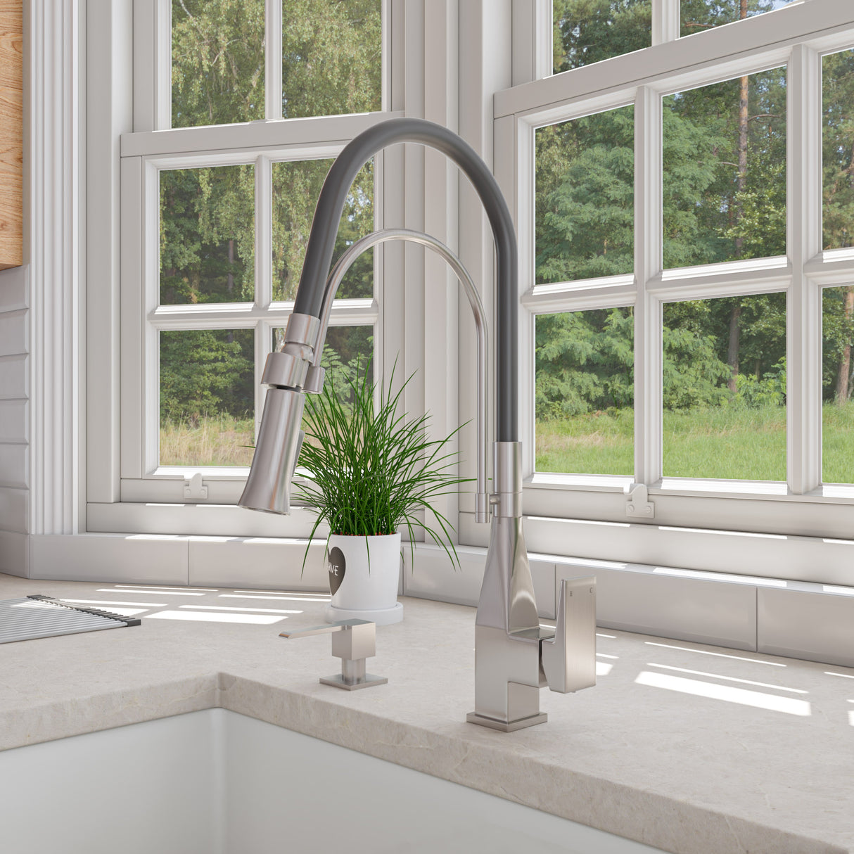 Brushed Nickel Square Kitchen Faucet with Black Rubber Stem
