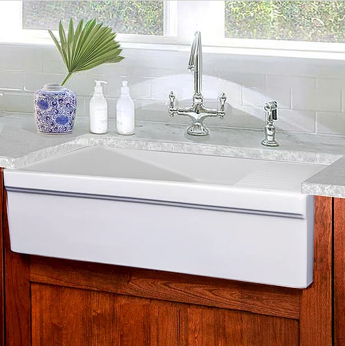 Nantucket Sinks 36 Inch Italian Farmhouse Fireclay Sink with Built-In Drainboard