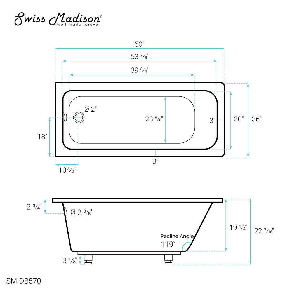 Voltaire 60"x 36" Reversible Drain Drop-In Bathtub