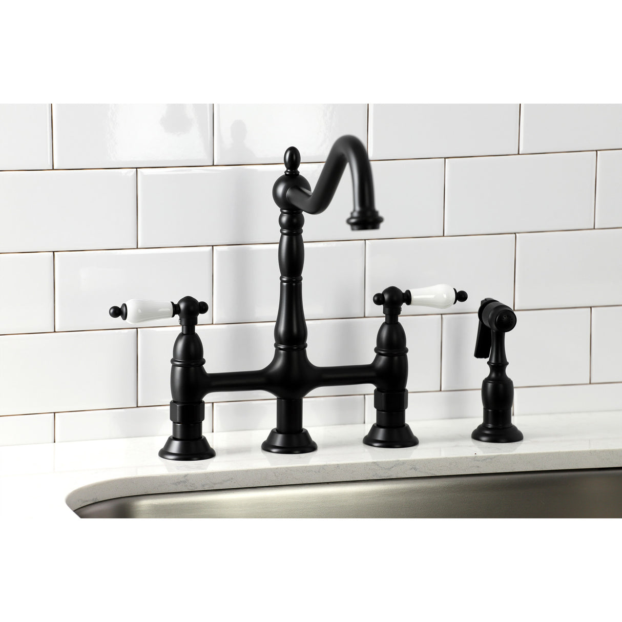 Kingston Brass KS1270PLBS Heritage Bridge Kitchen Faucet with Brass Sprayer, Matte Black