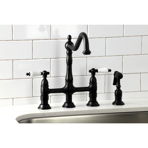 Kingston Brass KS1270PLBS Heritage Bridge Kitchen Faucet with Brass Sprayer, Matte Black