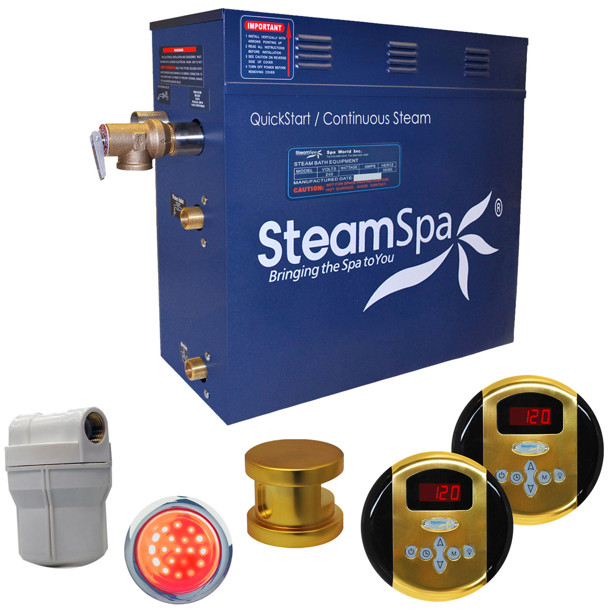 SteamSpa Royal 4.5 KW QuickStart Acu-Steam Bath Generator Package in Polished Gold RY450GD