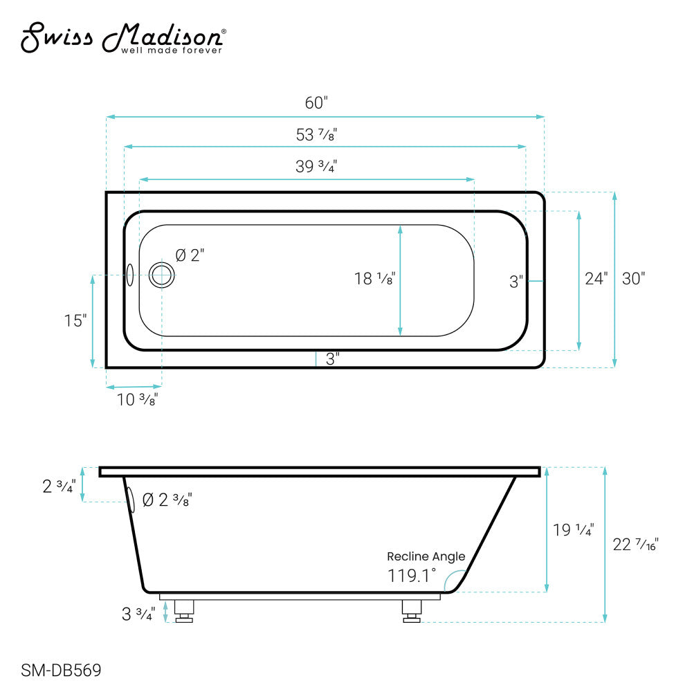 Voltaire 60"x 30" Reversible Drain Drop-In Bathtub