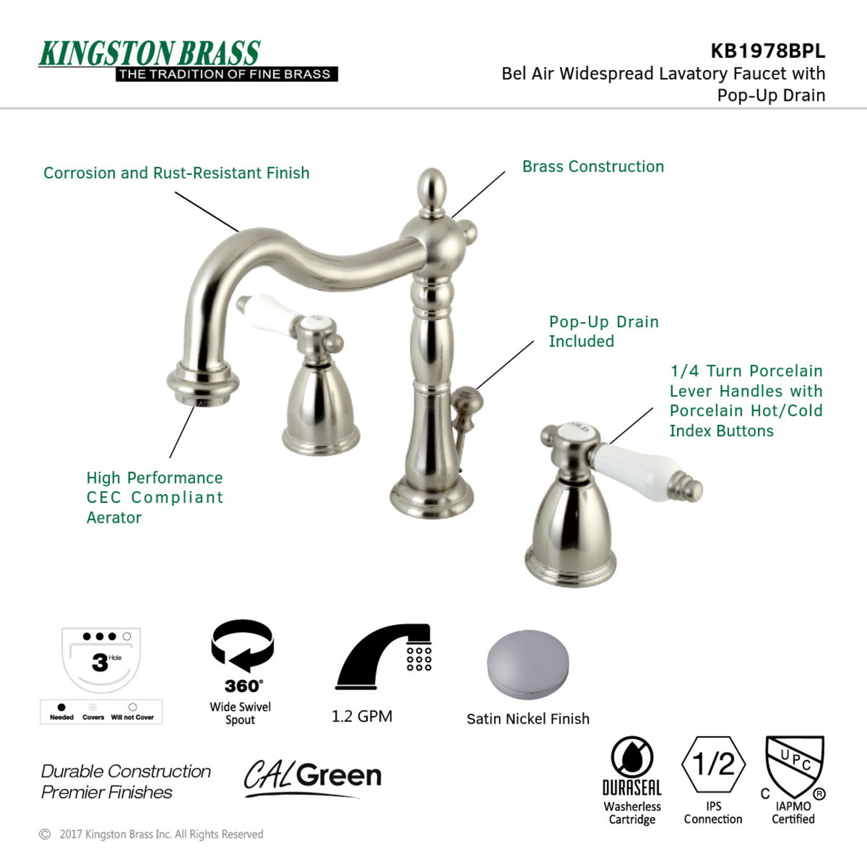 Kingston Brass KB1978BPL Bel-Air Widespread Bathroom Faucet with Plastic Pop-Up, Brushed Nickel