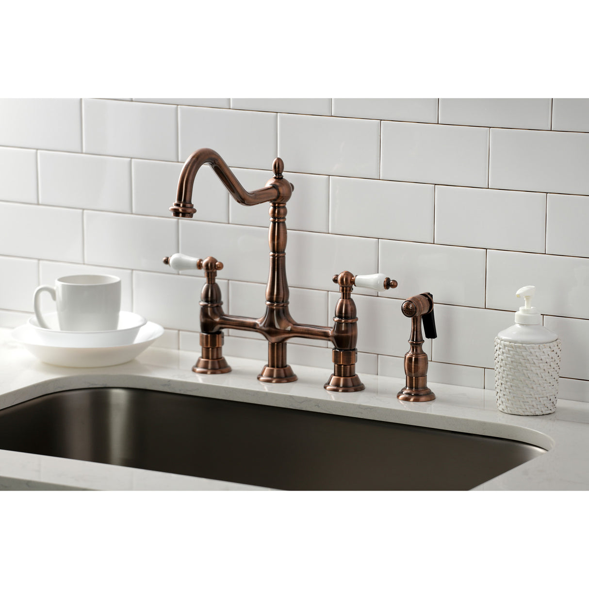Kingston Brass KS127PLBSAC Heritage Bridge Kitchen Faucet with Brass Sprayer, Antique Copper