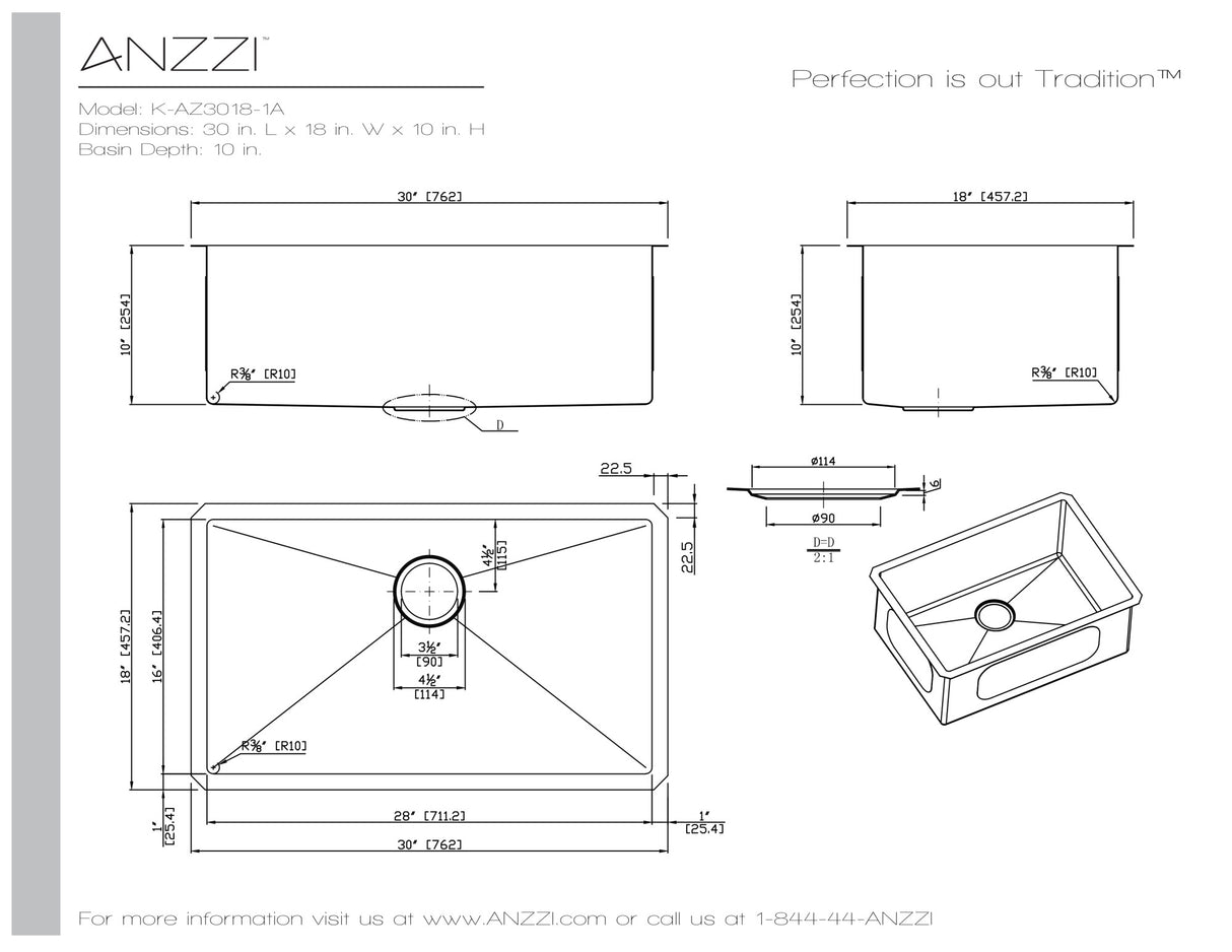ANZZI K-AZ3018-1A Vanguard Undermount Stainless Steel 30 in. 0-Hole Single Bowl Kitchen Sink in Brushed Satin