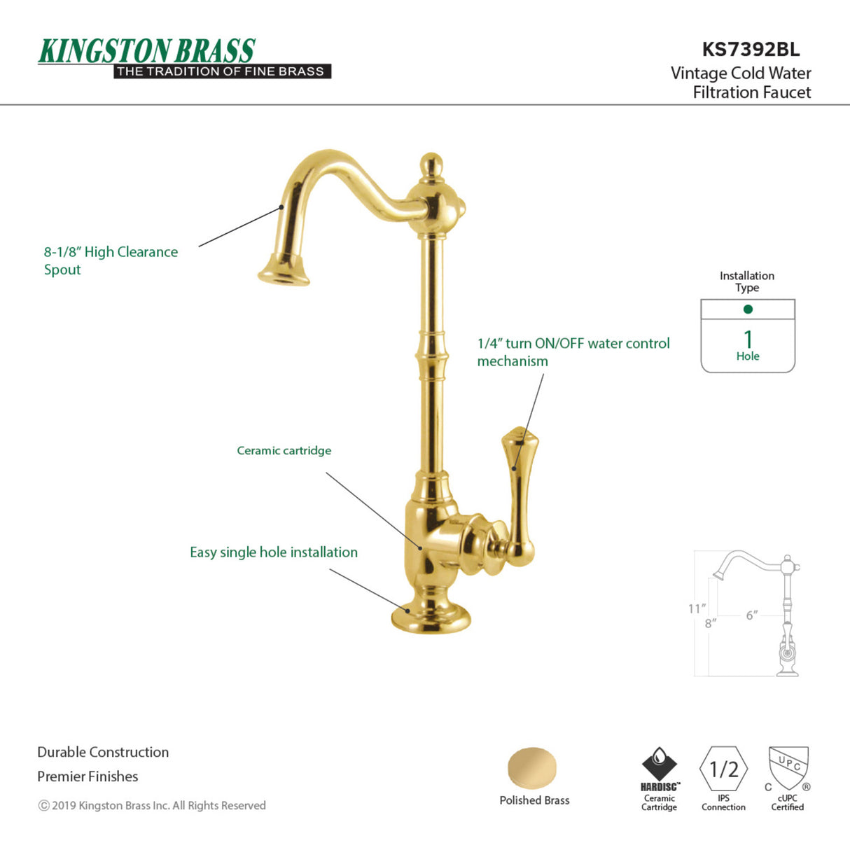 Kingston Brass KS7392BL Vintage Cold Water Filtration Faucet, Polished Brass