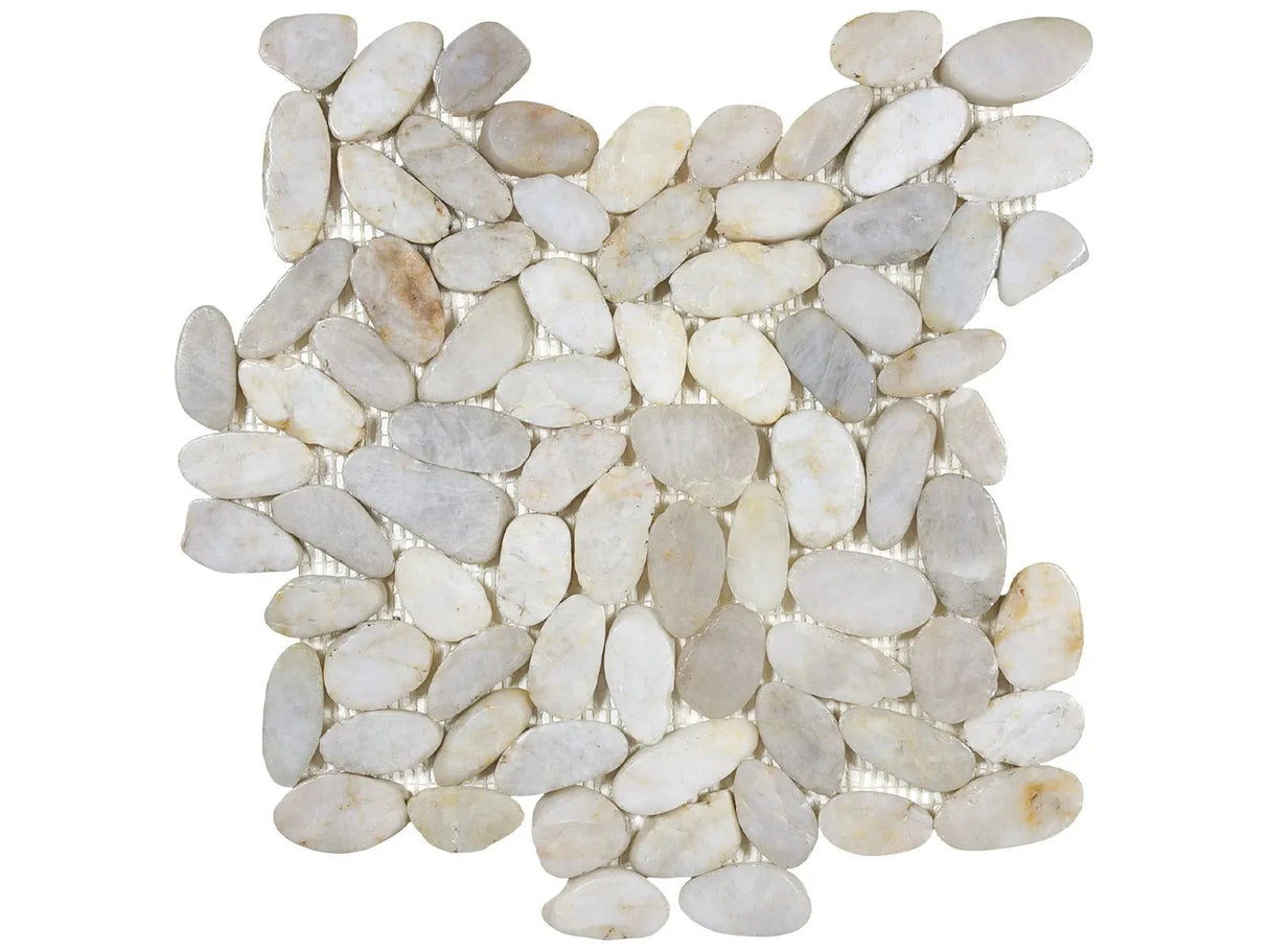 Anatolia Tile Zen Fiji Cream Flat Polished Pebble Mosaics. 1 Sheet = 1 Sq. Ft. 5001-0234-0 (76-355) Fiji Cream Flat Pebble - premium natural stone mosaic tile from Anatolia Tile, available at PoshHaus showroom in Keene, NH
