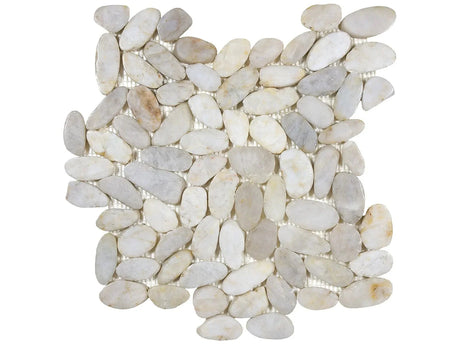 Anatolia Tile Zen Fiji Cream Flat Polished Pebble Mosaics. 1 Sheet = 1 Sq. Ft. 5001-0234-0 (76-355) Fiji Cream Flat Pebble - premium natural stone mosaic tile from Anatolia Tile, available at PoshHaus showroom in Keene, NH