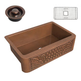 ANZZI SK-011 Macedonian Farmhouse Handmade Copper 33 in. 0-Hole Single Bowl Kitchen Sink with Flower Bed Design Panel in Polished Antique Copper