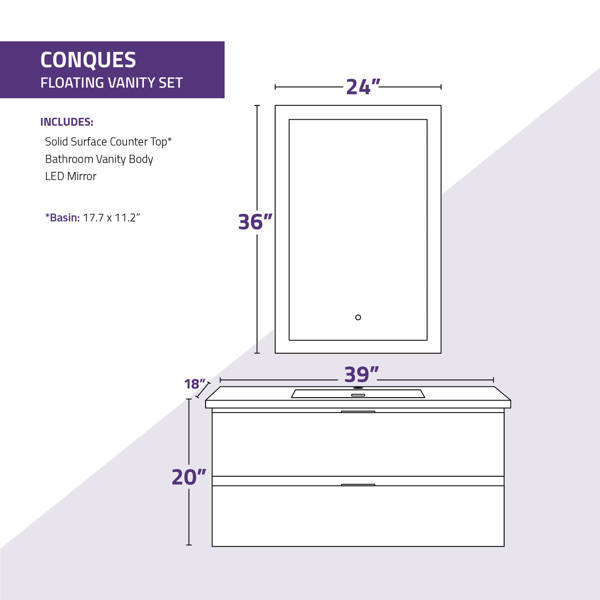 ANZZI VT-MR3CT39-WH 39 in W x 20 in H x 18 in D Bath Vanity in Rich White with Cultured Marble Vanity Top in White with White Basin & Mirror