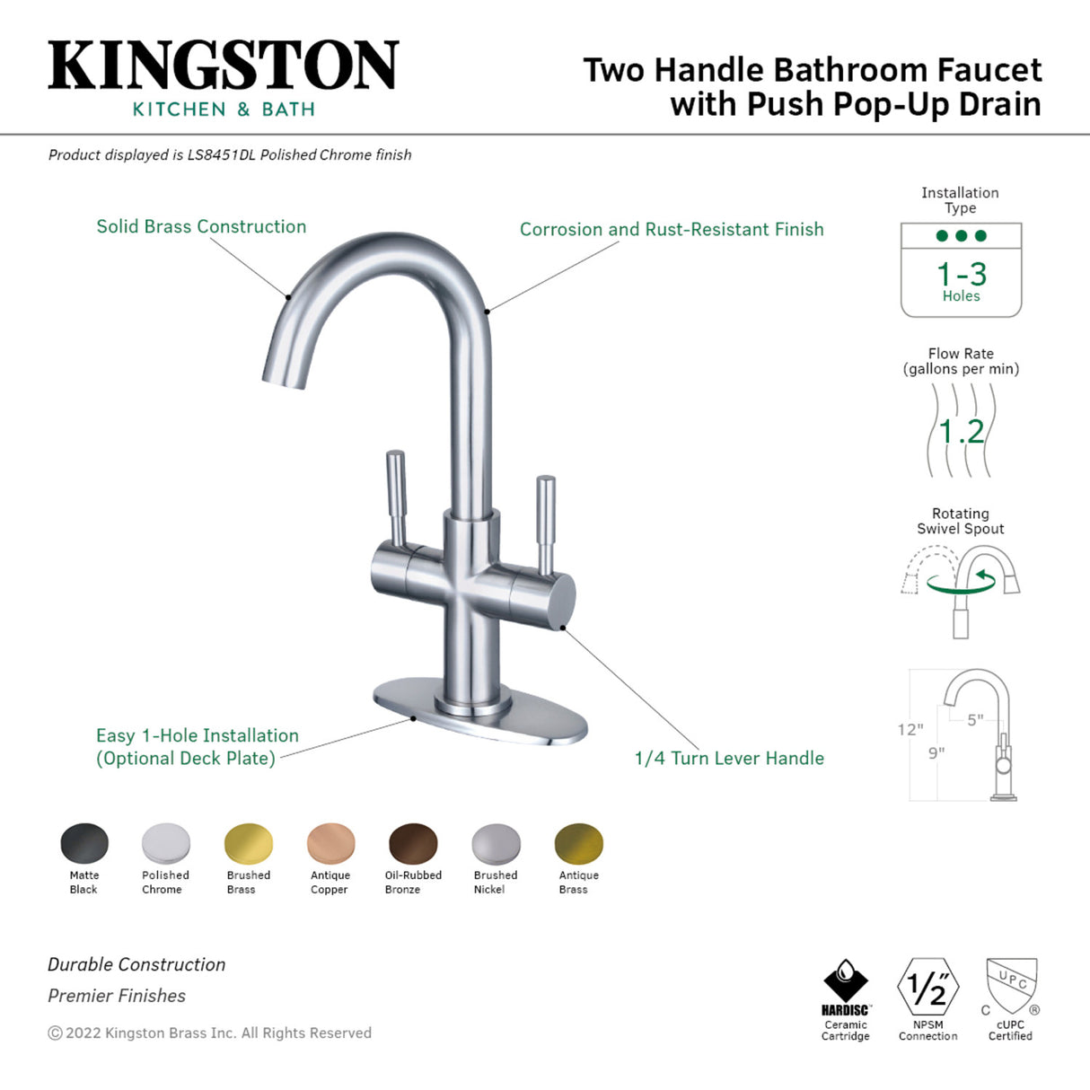 Fauceture LS8453DL Concord Two-Handle Bathroom Faucet with Push Pop-Up, Brushed Brass