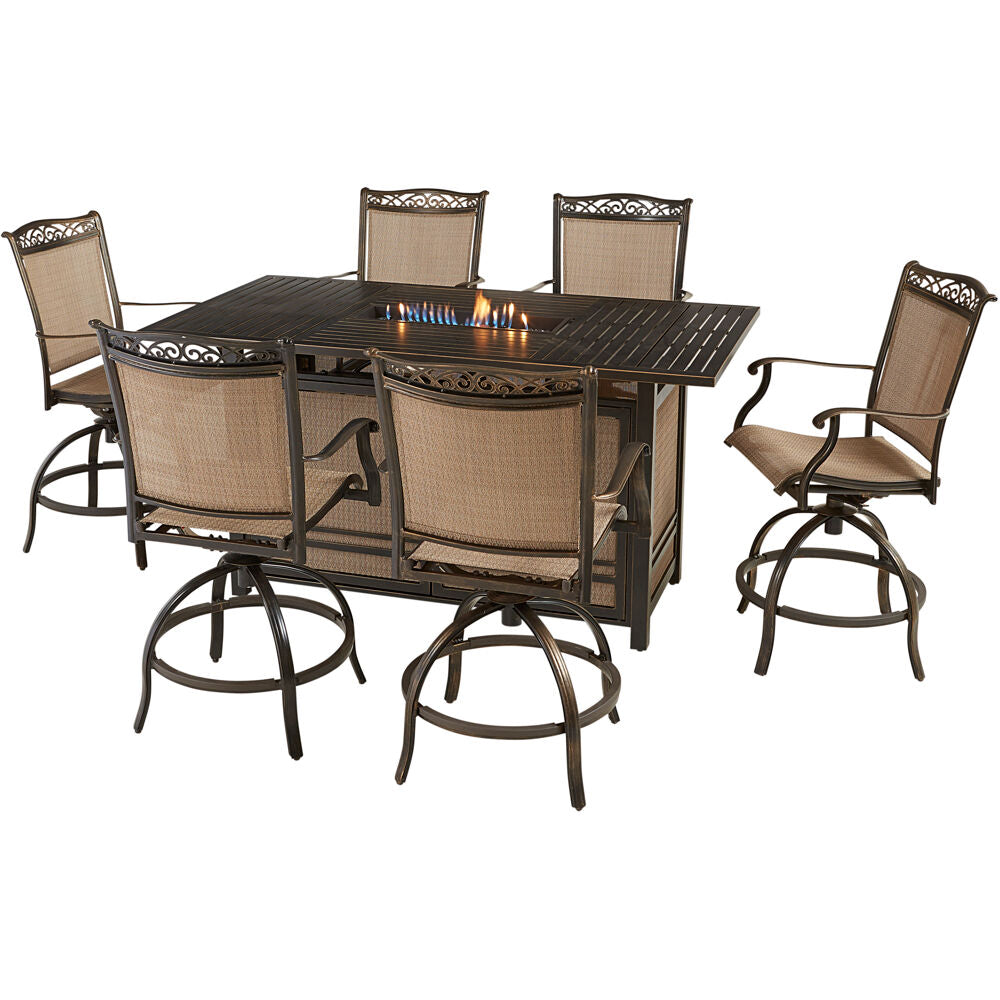 Hanover FNT7PCPFPBR Fontana7pc: 6 Counter Hght Swivel Sling Chrs, Slat Fire Pit Tbl