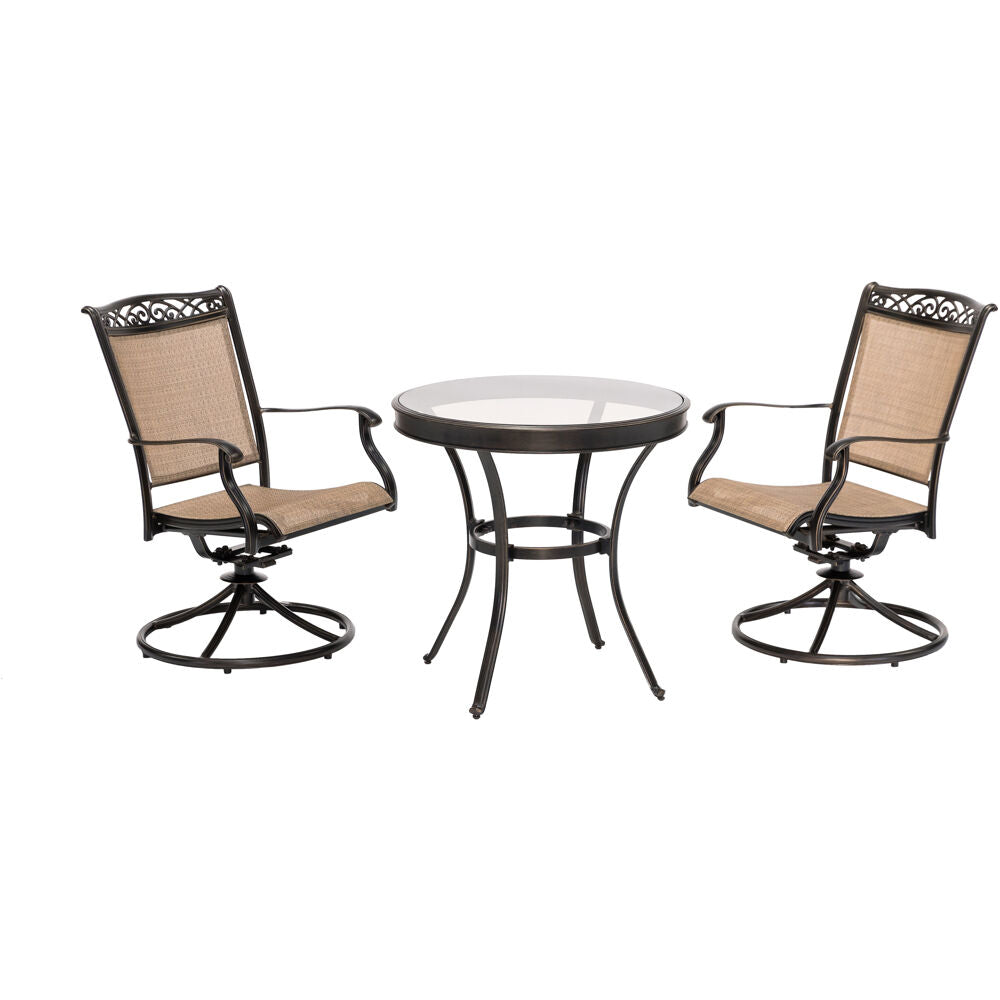 Hanover FNTDN3PCSWG-SC 3pc Bistro Set: 30" glass top tbl, 2 sling  swivel rockers, includes cover