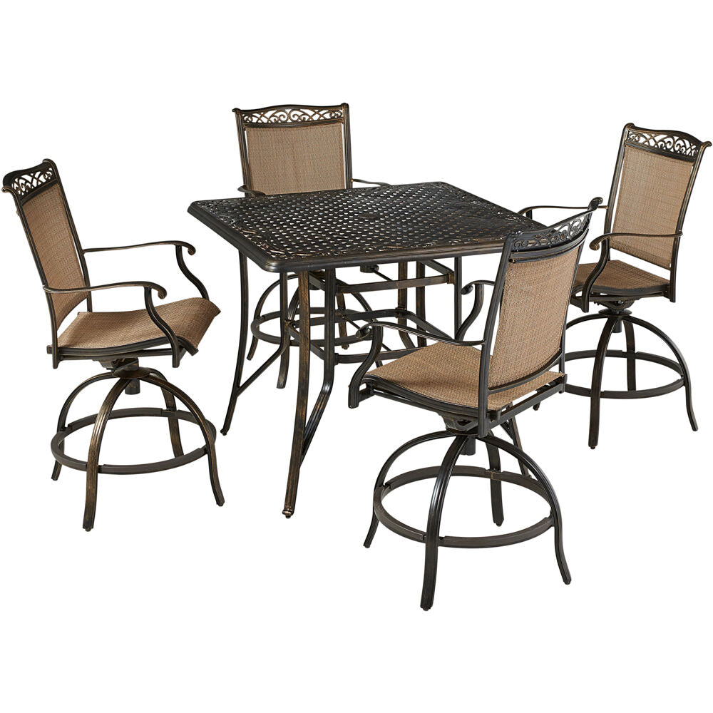 Hanover FNTDN5PCPSQBR Fontana5pc: 4 Counter Hght Swivel Sling Chrs, 42" Square Cast Tbl