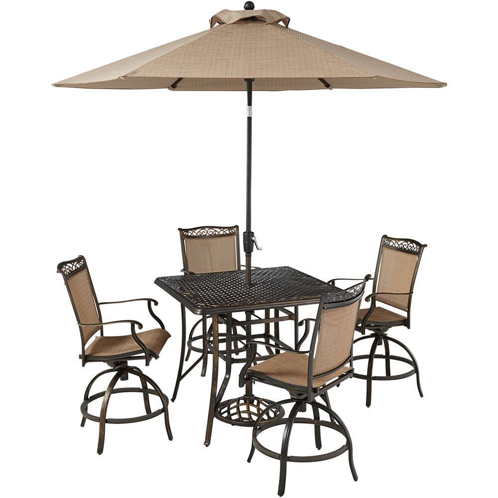 Hanover FNTDN5PCPSQBR-SU Fontana5pc: 4 Counter Hght Swivel Sling Chrs, 42" Sq Tbl, Umb, Base