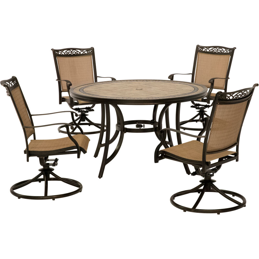 Hanover FNTDN5PCSWTN-SC 5pc Dining Set:51" round tile top tbl, 4 sling swvl rkrs, includes cover