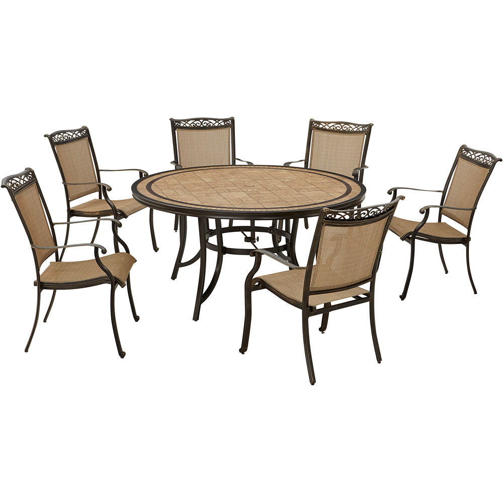 Hanover FNTDN7PCRDTN Fontana7pc: 6 Sling Dining Chairs, 60" Round Tile Table