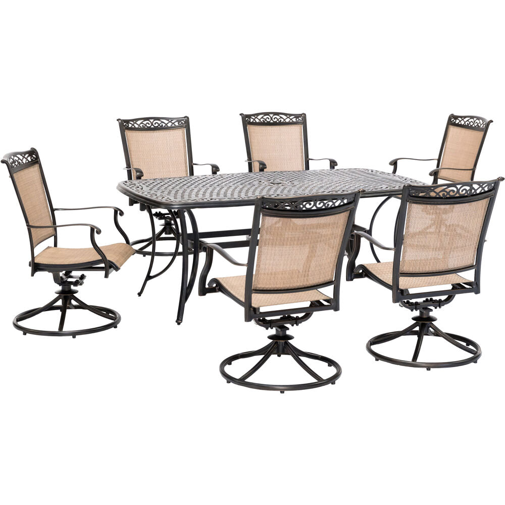 Hanover FNTDN7PCSWC Fontana7pc: 6 Sling Swivel Rockers and 38"x72" Cast Table