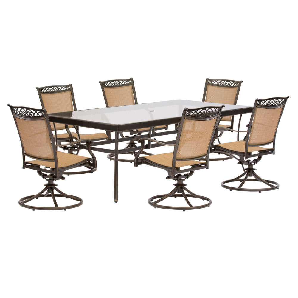 Hanover FNTDN7PCSWG Fontana7pc: 6 Sling Swivel Rockers, 42x84" Glass Top Table