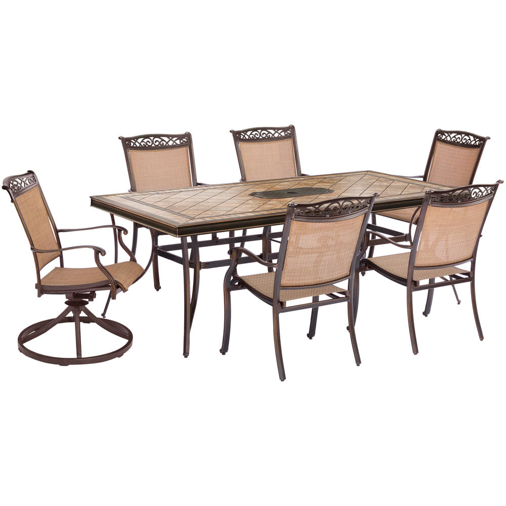 Hanover FNTDN7PCSWTN-2 Fontana7pc: 4 Sling Dining Chairs, 2 Sling Swvl Rockers, 40x68" Tile Tbl