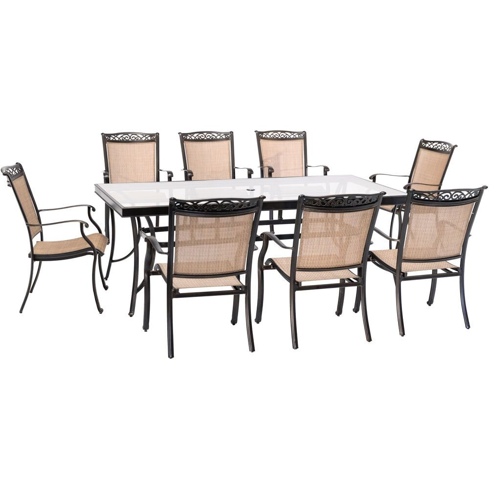 Hanover FNTDN9PCG-SC 9pc Dining Set: 42x84"glass top tbl, 8 sling dining chairs, includes cover