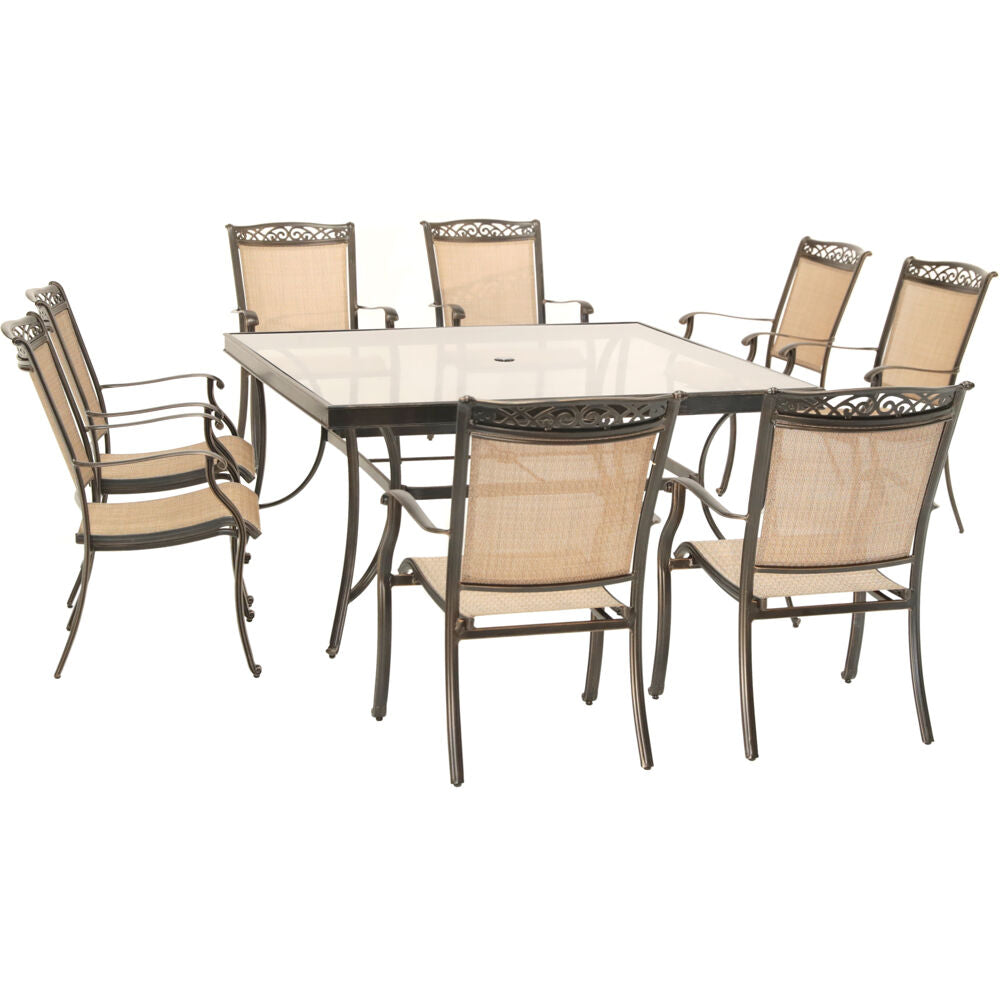 Hanover FNTDN9PCSQG-SC 9pc Dining Set:60" sq glass top tbl, 8 sling dining chairs, includes cover