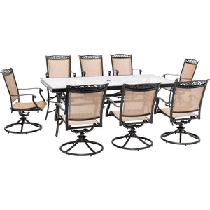 Hanover FNTDN9PCSWG-SC 9pc Dining Set: 42x84" glass top table, 8 sling swivel rockers, cover
